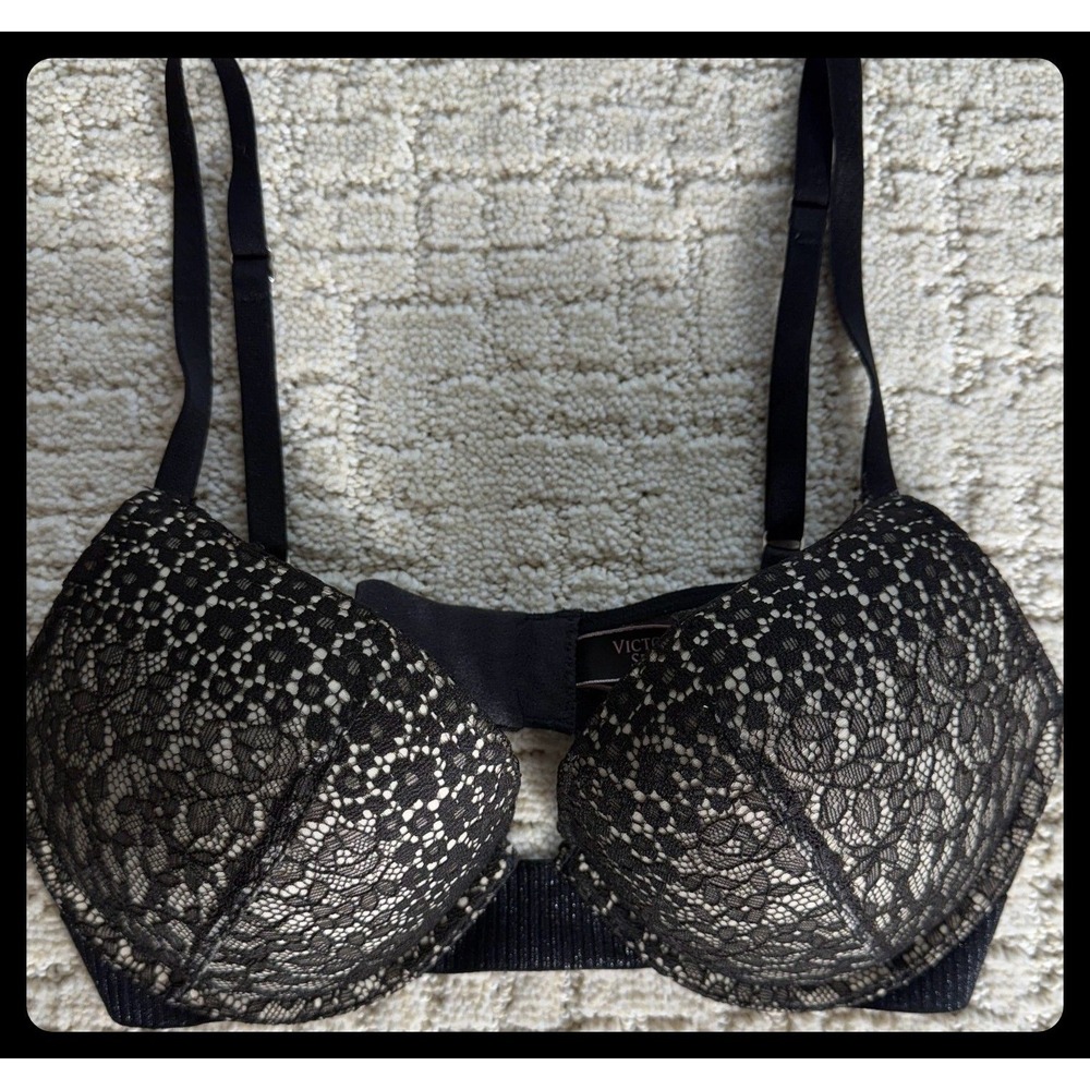 Victoria's Secret Push-Up Bra Women 32C Black Lace Shimmer Lingerie